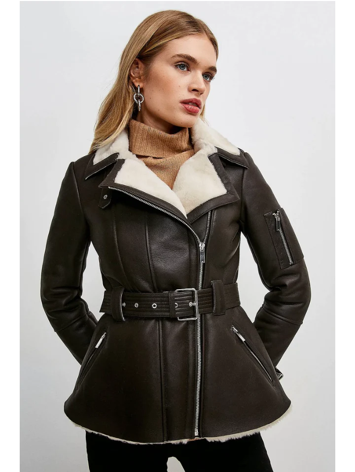 Women’s Dark Brown Leather White Shearling Coat Jacket