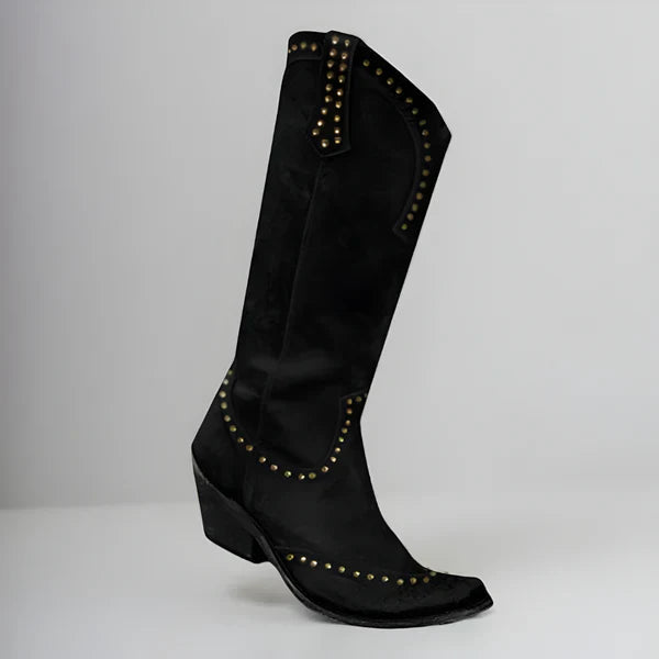 Women’s distressed knee-high boots with studs – women