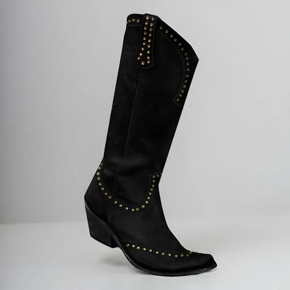 Women’s distressed knee-high boots with studs – women