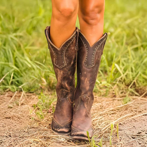 Women’s distressed knee-high boots with studs – women