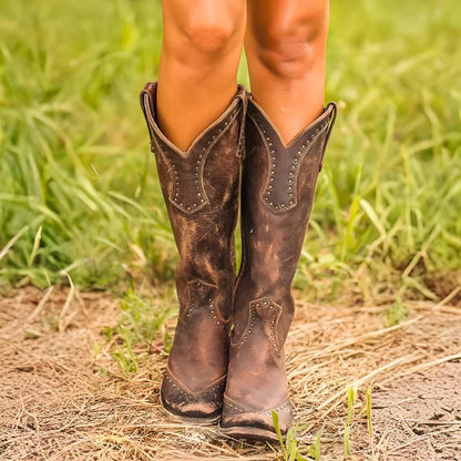 Women’s distressed knee-high boots with studs – women