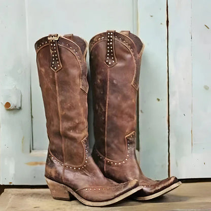 Women’s distressed knee-high boots with studs – women