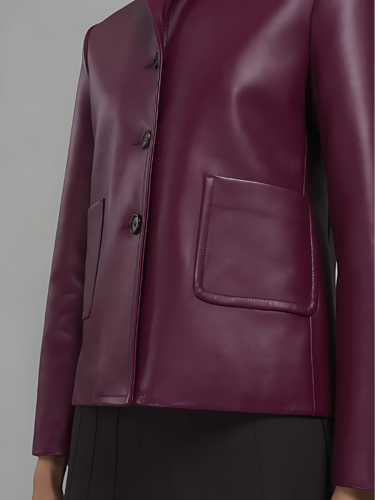 Women's Maroon Leather Cropped Baby Jacket