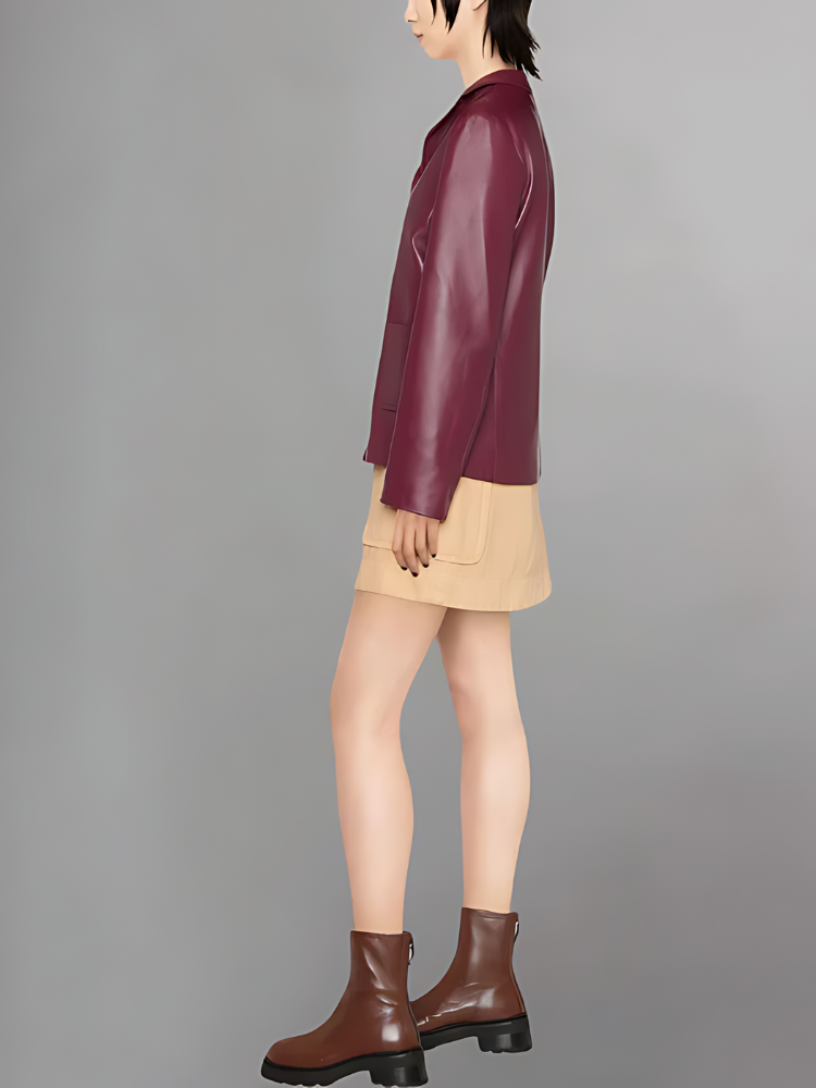 Women's Maroon Leather Cropped Baby Jacket