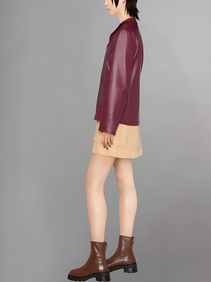 Women's Maroon Leather Cropped Baby Jacket