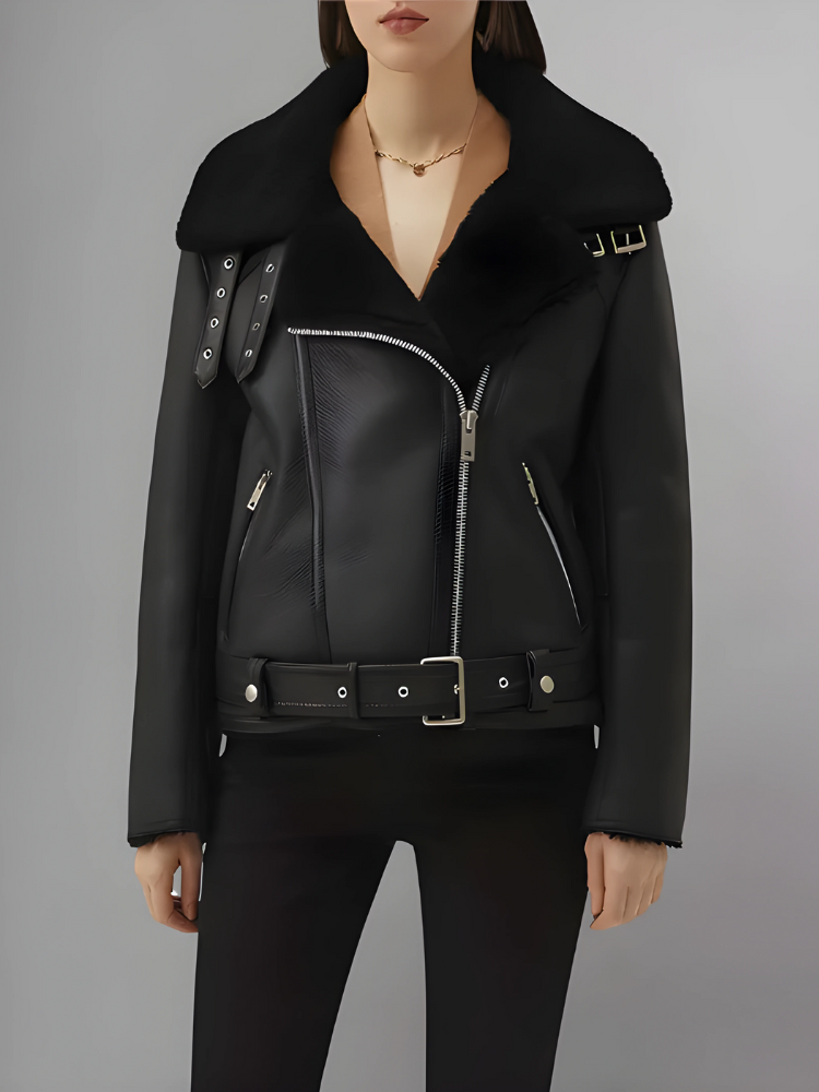 Women’s Matte Black Leather Shearling Coat Aviator Jacket