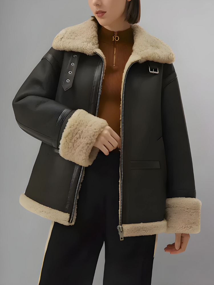 Women’s Matte Black Leather Shearling Big Collar Fur Coat