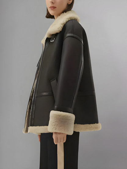 Women’s Matte Black Leather Shearling Big Collar Fur Coat