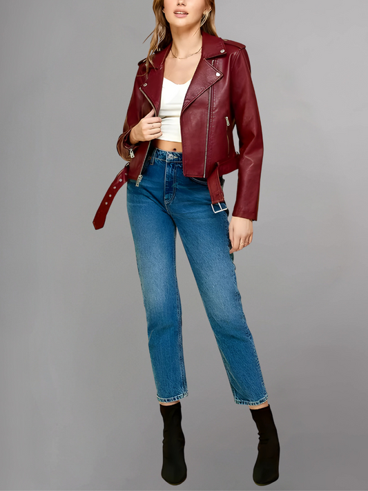 Women's Red Biker Real Leather Jacket