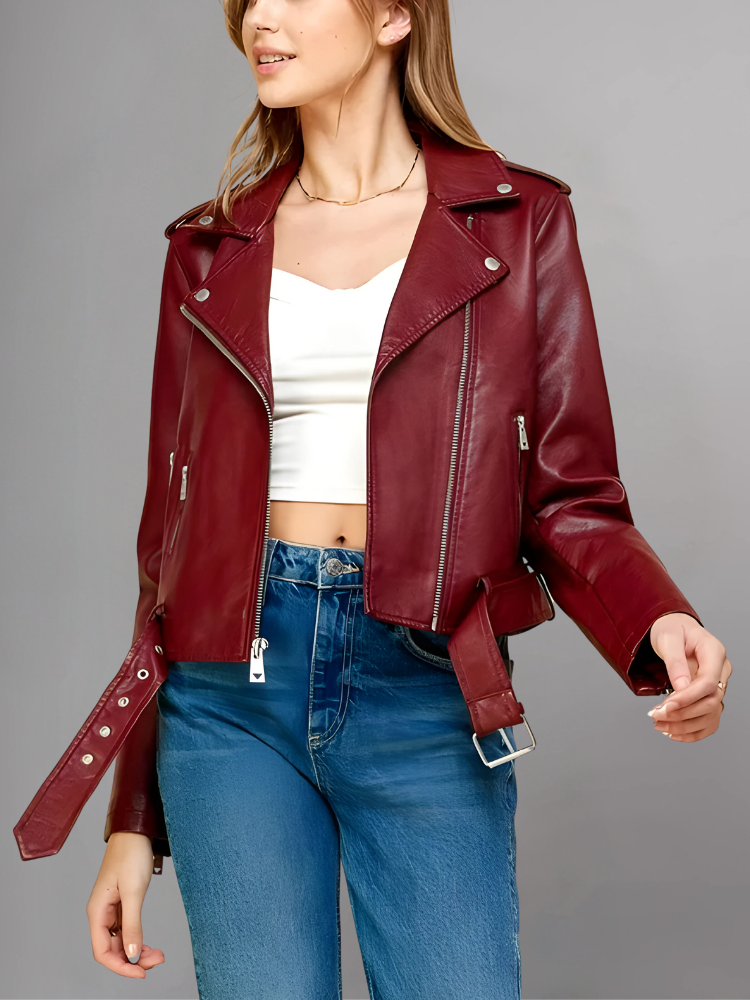 Women's Red Biker Real Leather Jacket