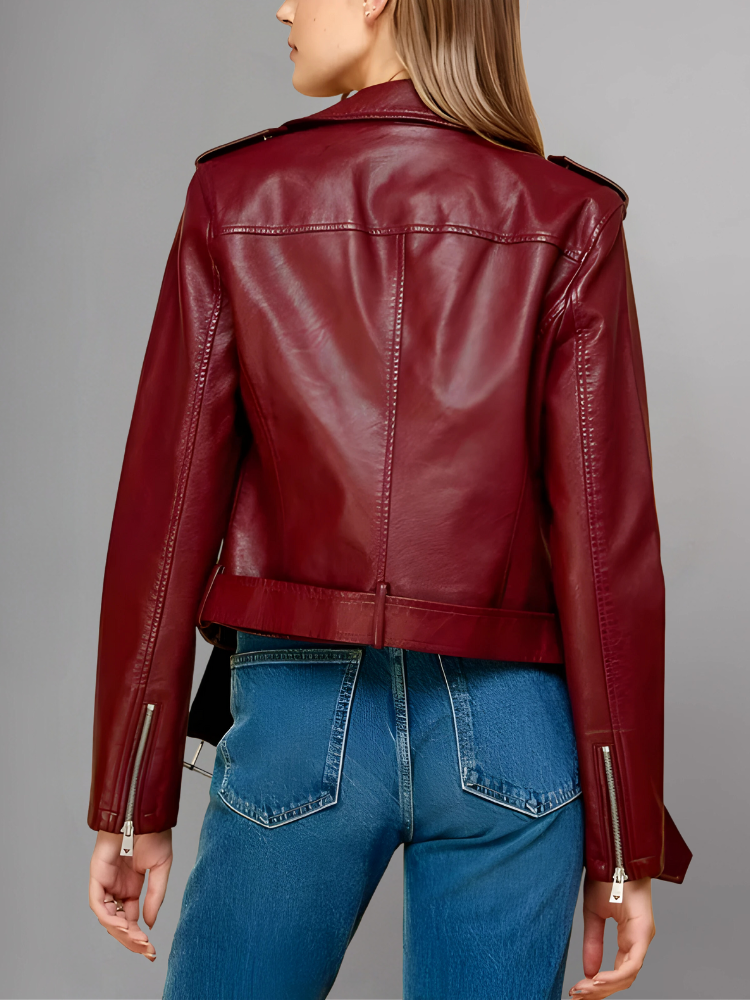 Women's Red Biker Real Leather Jacket