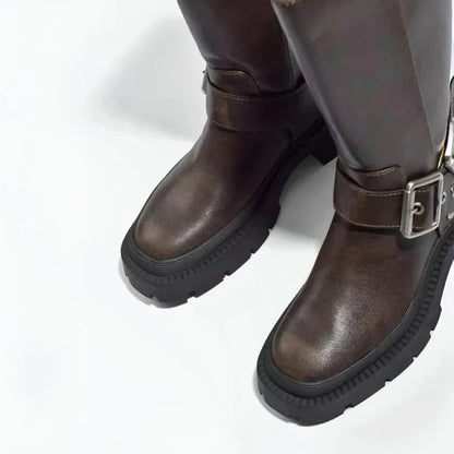 Women's stylish chunky knee-high boots with buckle - women