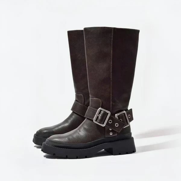 Women's stylish chunky knee-high boots with buckle - women