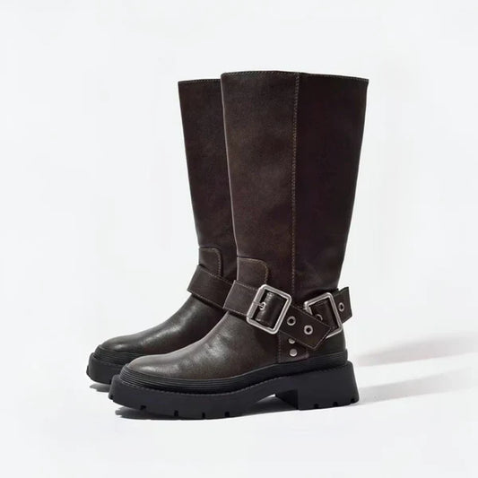 Women's stylish chunky knee-high boots with buckle - women