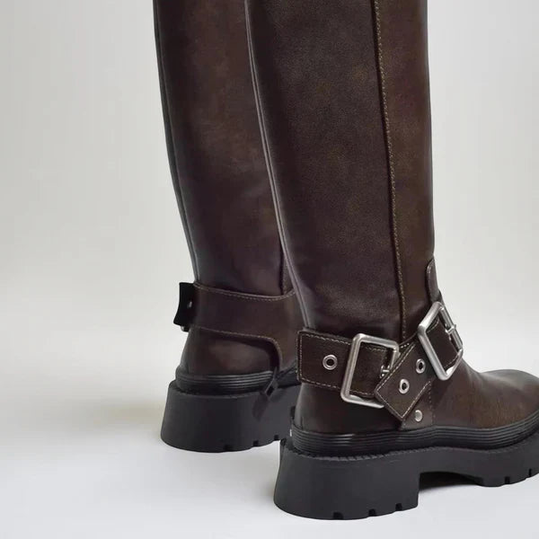 Women's stylish chunky knee-high boots with buckle - women
