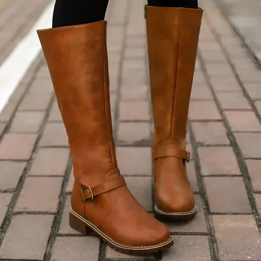 Women's stylish knee-high boots with buckle straps – women