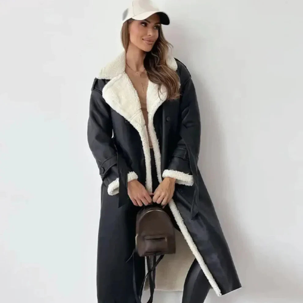 Women’s classic long fleece-lined coat with teddy collar – women