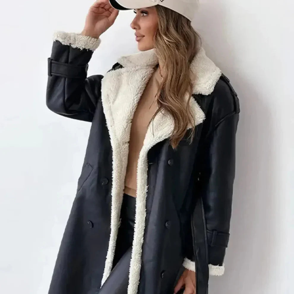 Women’s classic long fleece-lined coat with teddy collar – women