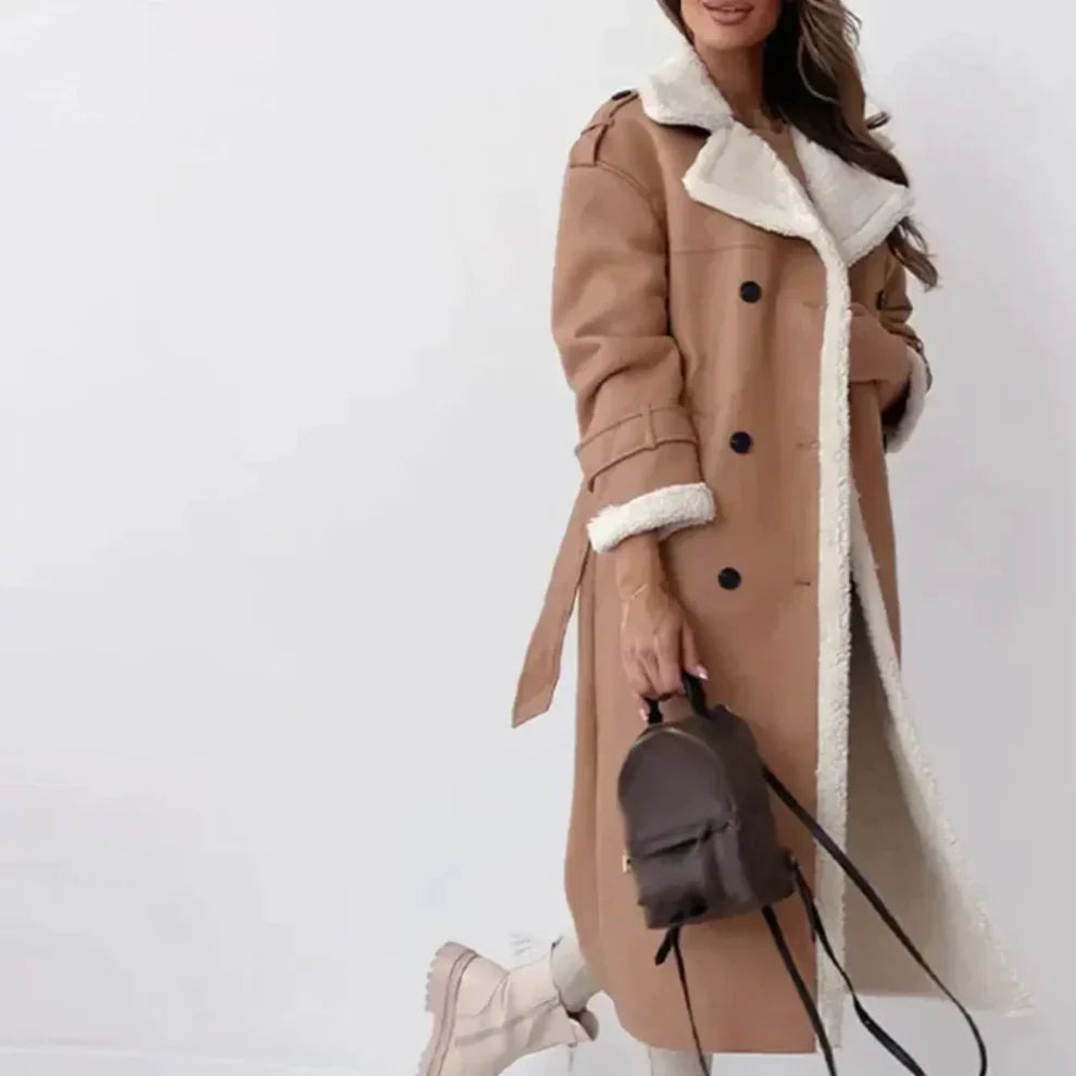 Women’s classic long fleece-lined coat with teddy collar – women