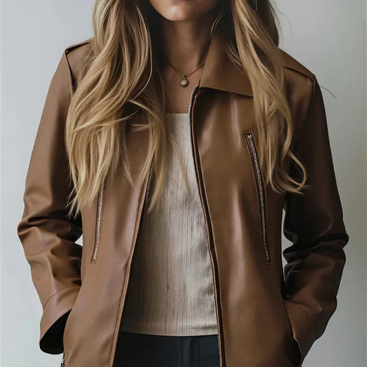 Women's fitted faux leather jacket with zipper pockets – women
