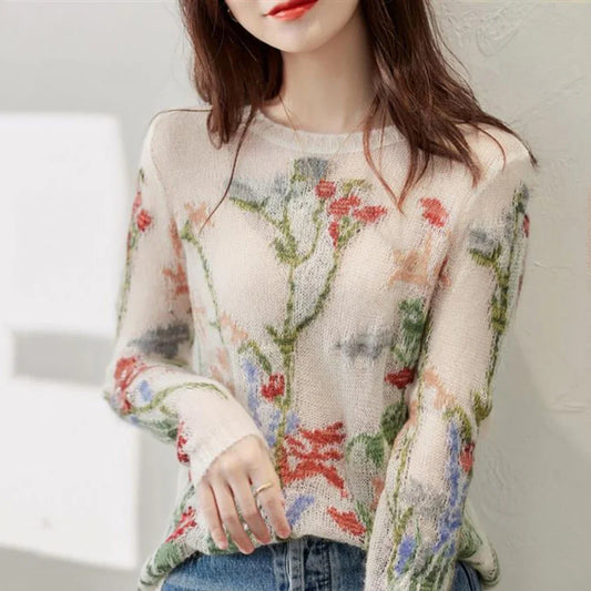 Women's floral knit sweater with round neck - women