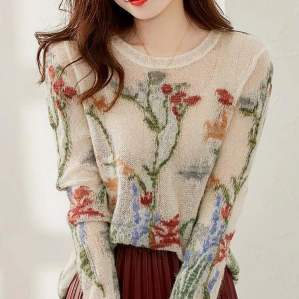 Women's floral knit sweater with round neck - women