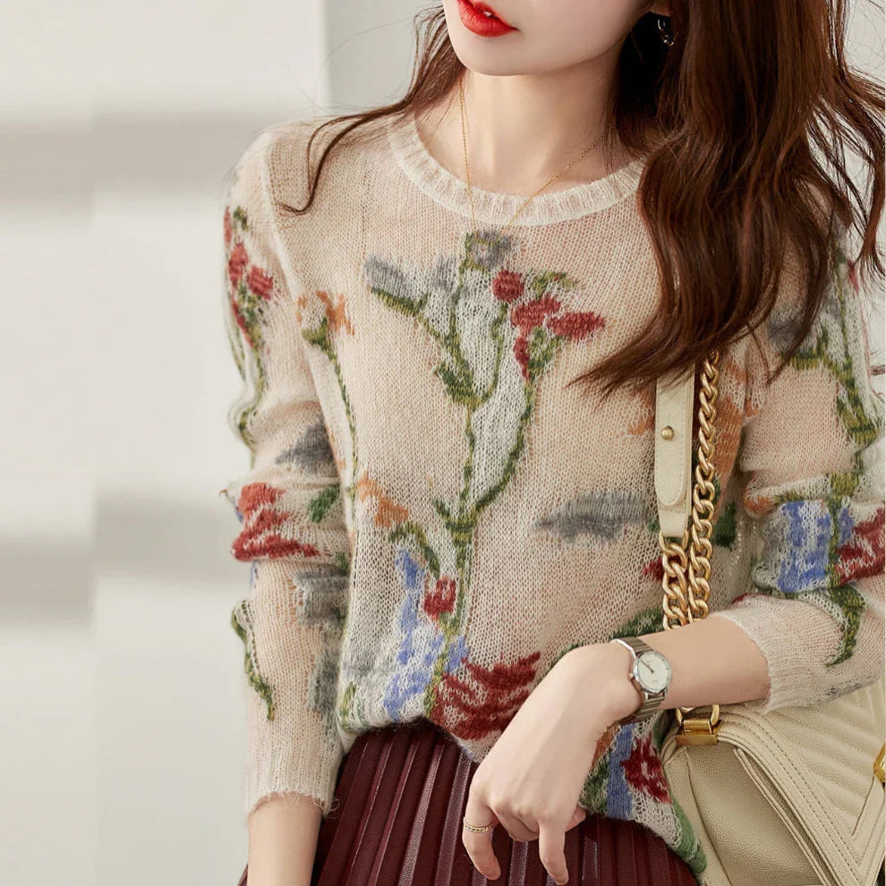 Women's floral knit sweater with round neck - women