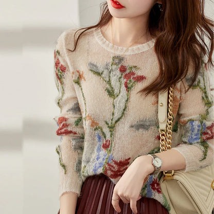 Women's floral knit sweater with round neck - women