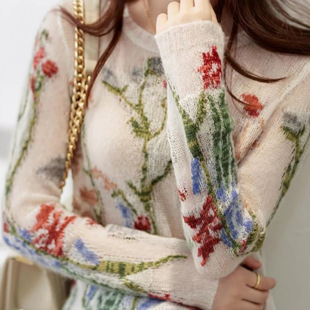 Women's floral knit sweater with round neck - women
