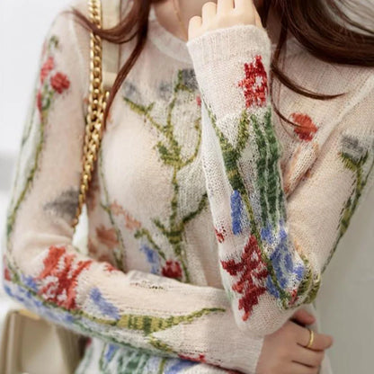 Women's floral knit sweater with round neck - women