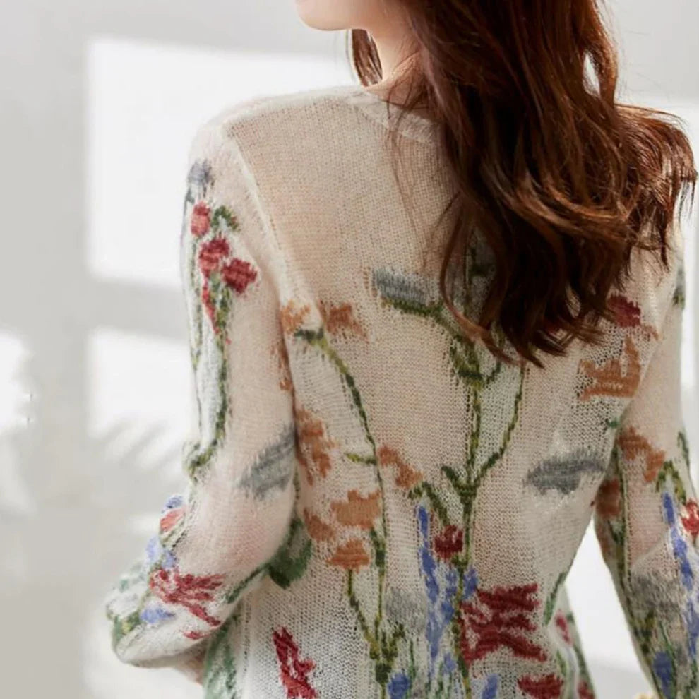 Women's floral knit sweater with round neck - women