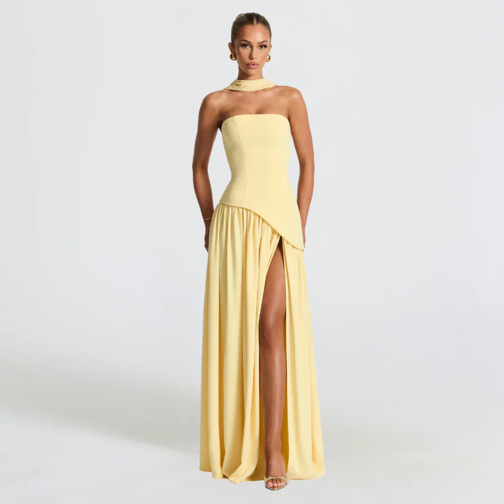 Women's high-neck asymmetrical cocktail dress with slit – women