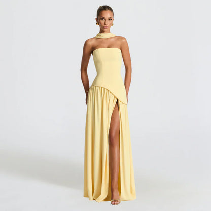 Women's high-neck asymmetrical cocktail dress with slit – women
