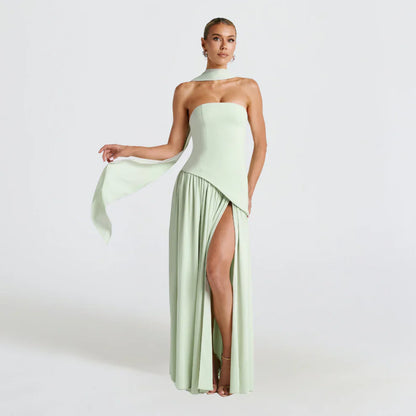 Women's high-neck asymmetrical cocktail dress with slit – women
