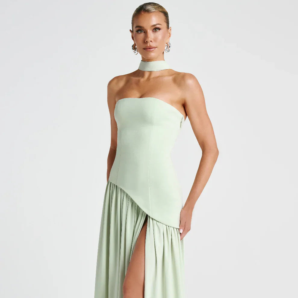 Women's high-neck asymmetrical cocktail dress with slit – women
