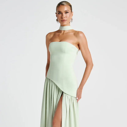 Women's high-neck asymmetrical cocktail dress with slit – women