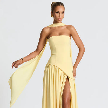 Women's high-neck asymmetrical cocktail dress with slit – women
