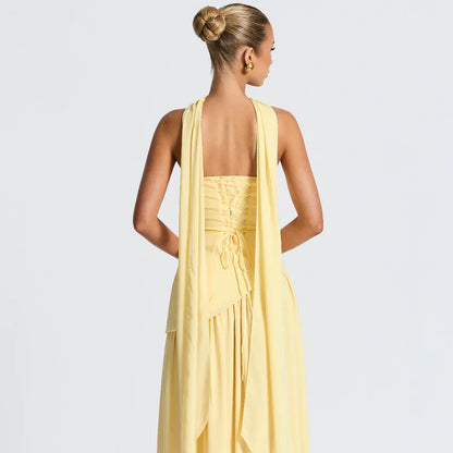 Women's high-neck asymmetrical cocktail dress with slit – women