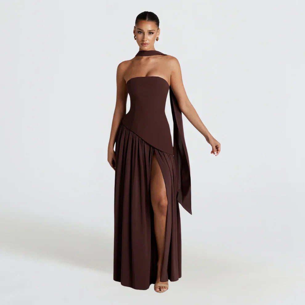 Women's high-neck asymmetrical cocktail dress with slit – women