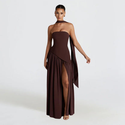 Women's high-neck asymmetrical cocktail dress with slit – women