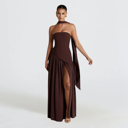 Women's high-neck asymmetrical cocktail dress with slit – women