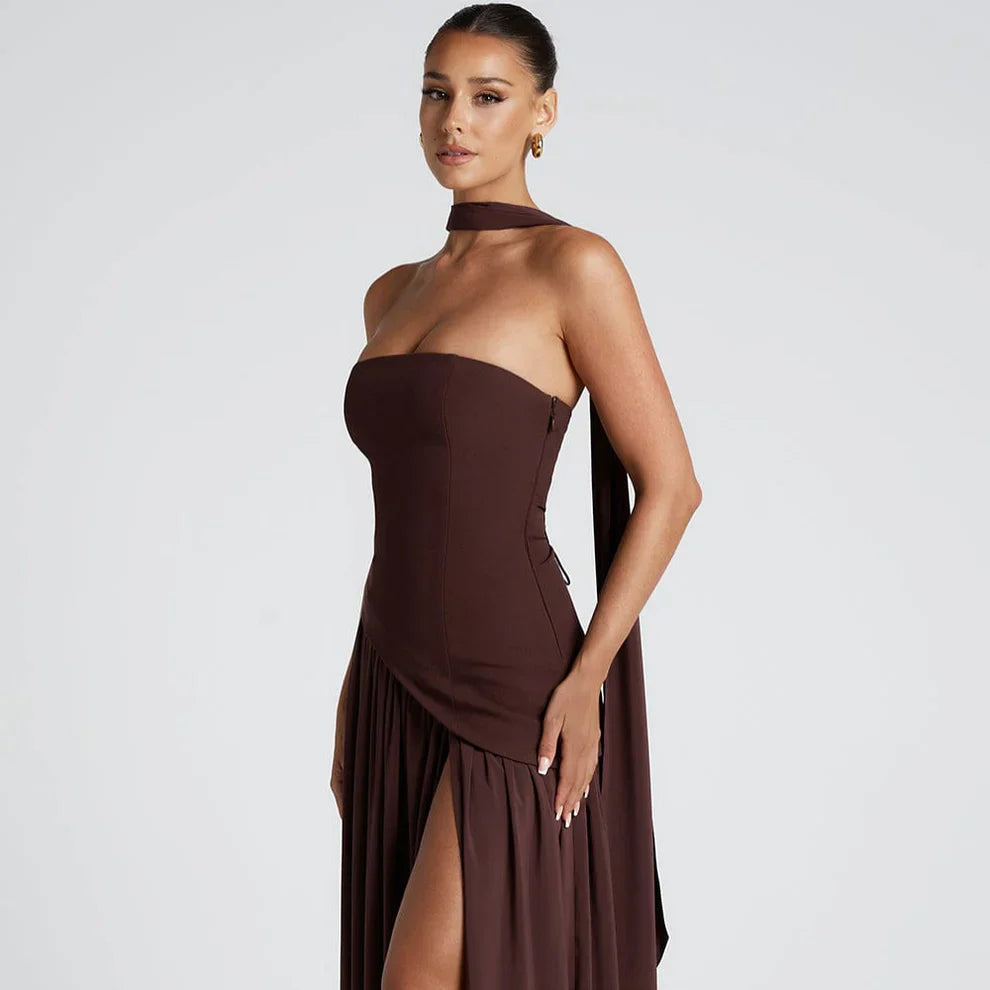 Women's high-neck asymmetrical cocktail dress with slit – women