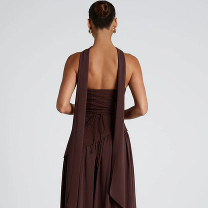 Women's high-neck asymmetrical cocktail dress with slit – women