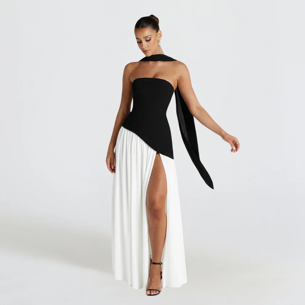 Women's high-neck asymmetrical cocktail dress with slit – women