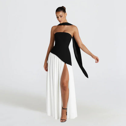 Women's high-neck asymmetrical cocktail dress with slit – women
