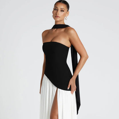 Women's high-neck asymmetrical cocktail dress with slit – women