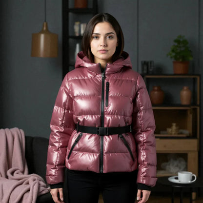 Women’s insulated belted hooded puffer jacket – women