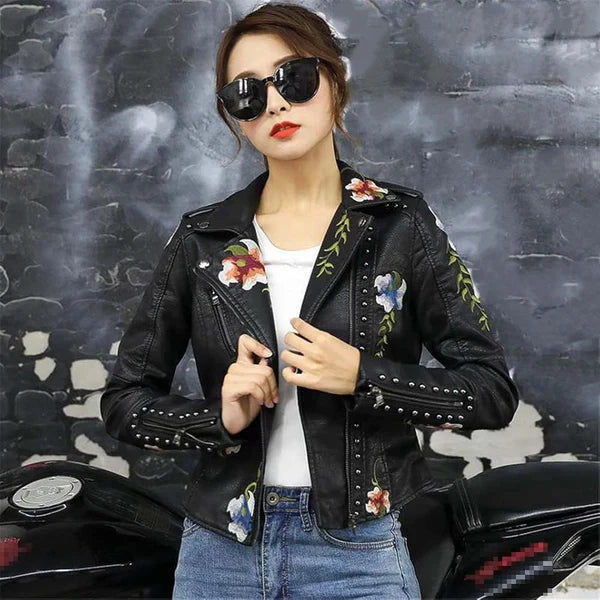 Women's leather jacket with floral embroidery & studs – women