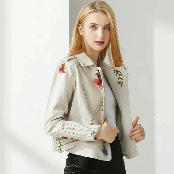 Women's leather jacket with floral embroidery & studs – women