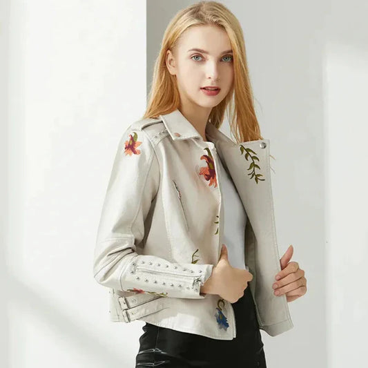 Women's leather jacket with floral embroidery & studs – women